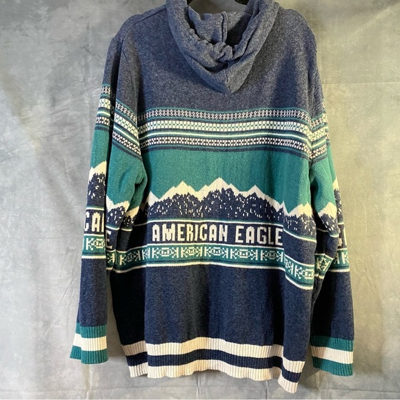 American Eagle Pullover Hoodie Mens XXL Knit Sweater Fair Isle Spellout Blue - Picture 3 of 8